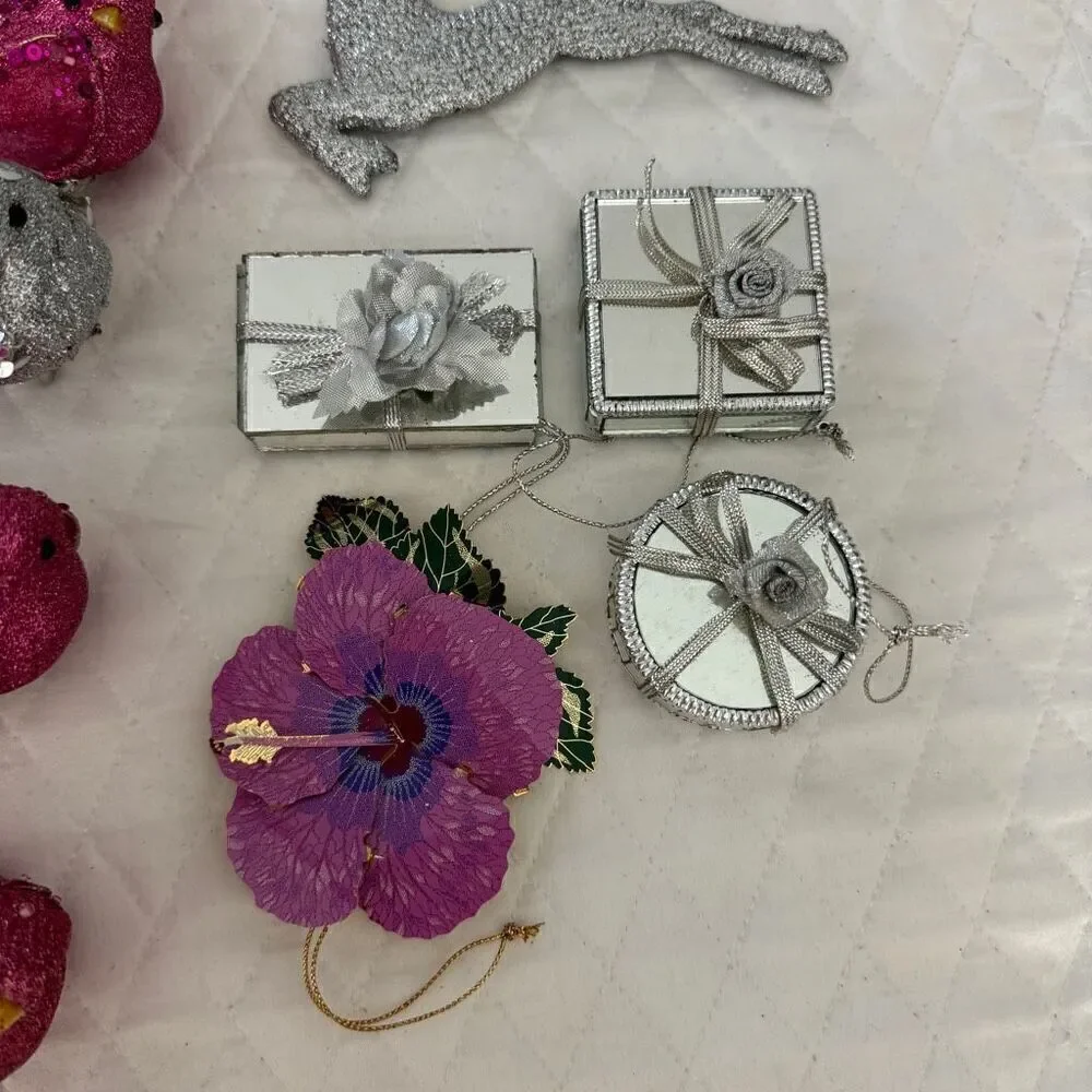 Christmas Ornaments Birds, Mirrored Gift boxes, Reindeer, Orchid